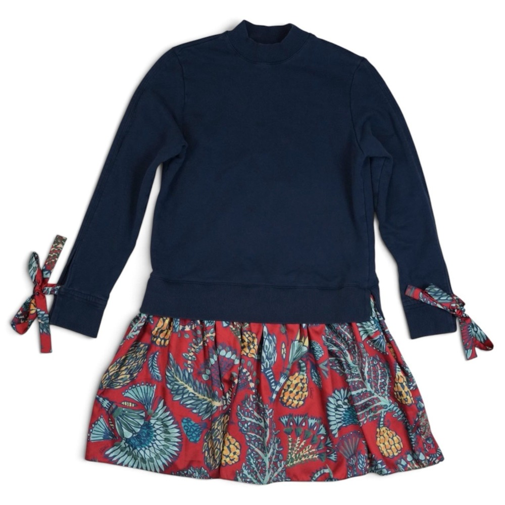 La DoubleJ Sporty Dress Large Blue Floral Drop Waist Tie Sleeve Mini